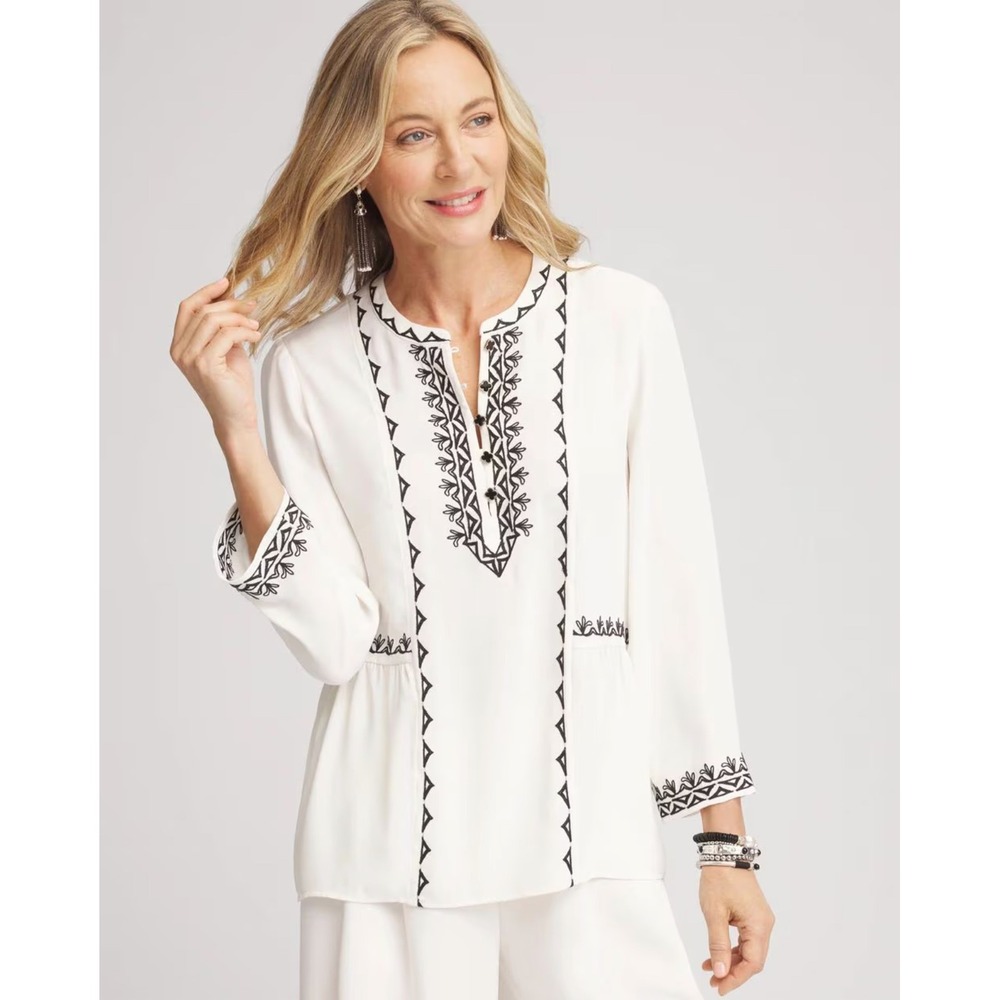 Chico's White Black Embroidered Peplum Blouse Size 1 US 8 Split Neck Top